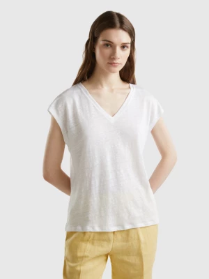 Benetton, V-neck T-shirt In Pure Linen, size M, White, Women United Colors of Benetton