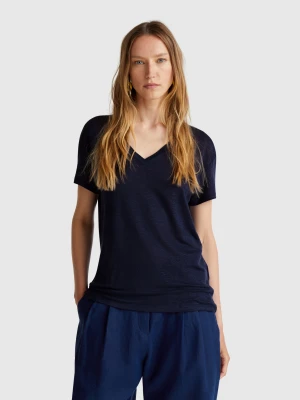 Benetton, V-neck T-shirt In Pure Linen, size XXS, Dark Blue, Women United Colors of Benetton
