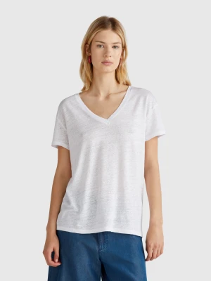 Benetton, V-neck T-shirt In Pure Linen, size XS, White, Women United Colors of Benetton