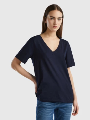 Benetton, V-neck T-shirt In Slub Cotton, size L, Dark Blue, Women United Colors of Benetton