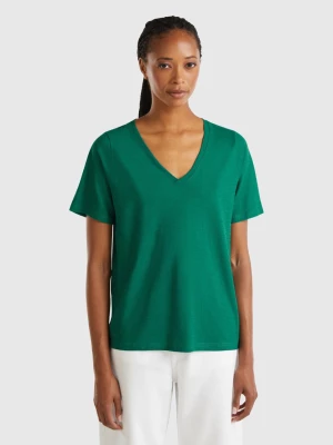 Benetton, V-neck T-shirt In Slub Cotton, size L, Dark Green, Women United Colors of Benetton