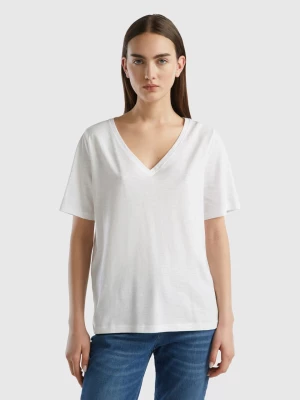 Benetton, V-neck T-shirt In Slub Cotton, size L, White, Women United Colors of Benetton