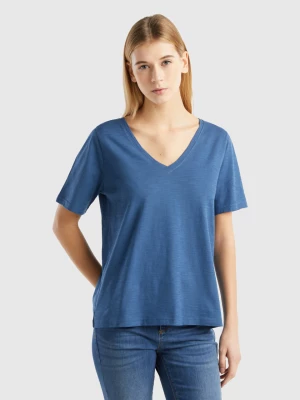 Benetton, V-neck T-shirt In Slub Cotton, size M, Air Force Blue, Women United Colors of Benetton