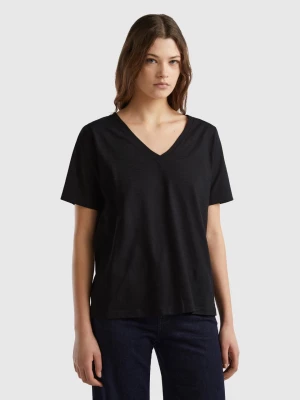 Benetton, V-neck T-shirt In Slub Cotton, size M, Black, Women United Colors of Benetton