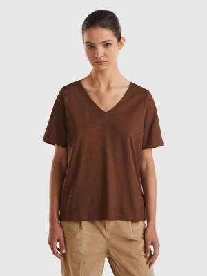 Benetton, V-neck T-shirt In Slub Cotton, size M, Brown, Women United Colors of Benetton