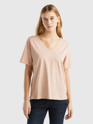 Benetton, V-neck T-shirt In Slub Cotton, size M, Soft Pink, Women United Colors of Benetton