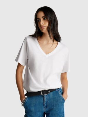 Benetton, V-neck T-shirt In Slub Cotton, Size: XXS, White, Women United Colors of Benetton