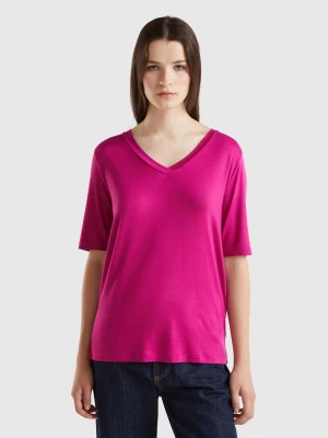 Benetton, V-neck T-shirt In Stretch Viscose, size L, Cyclamen, Women United Colors of Benetton