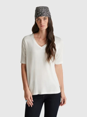 Benetton, V-neck T-shirt In Stretch Viscose, Size: XS, Creamy White, Women United Colors of Benetton