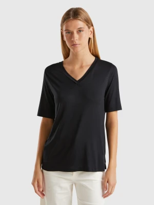 Benetton, V-neck T-shirt In Stretch Viscose, size XXS, Black, Women United Colors of Benetton