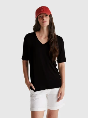 Benetton, V-neck T-shirt In Stretch Viscose, Size: XXS, Black, Women United Colors of Benetton