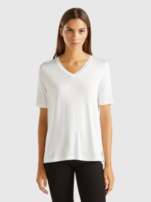 Benetton, V-neck T-shirt In Stretch Viscose, size XXS, Creamy White, Women United Colors of Benetton