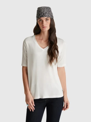 Benetton, V-neck T-shirt In Stretch Viscose, Size: XS, Creamy White, Women United Colors of Benetton