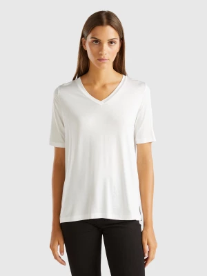 Benetton, V-neck T-shirt In Sustainable Stretch Viscose, size L, Creamy White, Women United Colors of Benetton