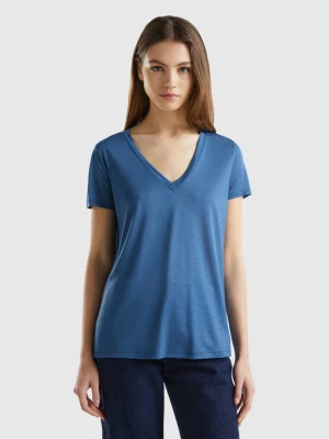 Benetton, V-neck T-shirt In Sustainable Viscose, size M, Air Force Blue, Women United Colors of Benetton