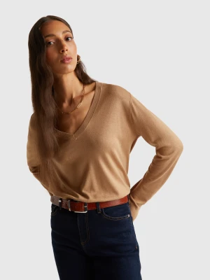 Benetton, V-neck Top In Silk Blend, Size: M, Camel, Women United Colors of Benetton