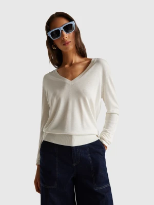 Benetton, V-neck Top In Silk Blend, size XXS, Creamy White, Women United Colors of Benetton