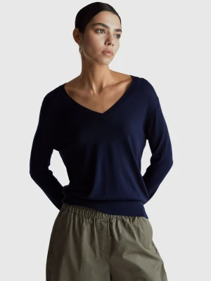 Benetton, V-neck Top In Silk Blend, Size: XXS, Dark Blue, Women United Colors of Benetton