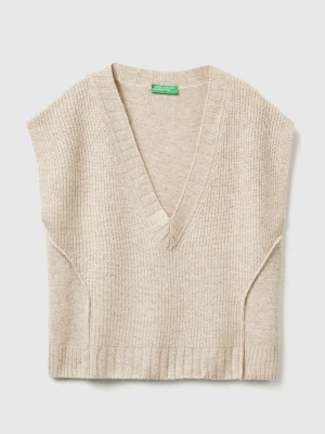 Benetton, V-neck Vest In Wool Blend, Size: XXS, Beige, Women United Colors of Benetton