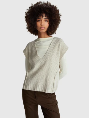 Benetton, V-neck Vest In Wool Blend, Size: XXS, Beige, Women United Colors of Benetton