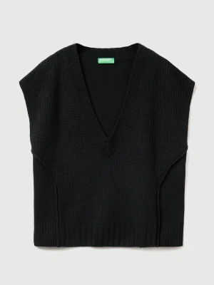 Benetton, V-neck Vest In Wool Blend, Size: XXS, Black, Women United Colors of Benetton