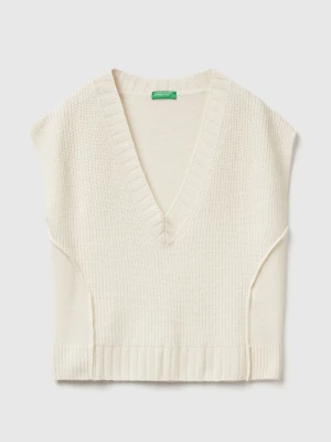 Benetton, V-neck Vest In Wool Blend, Size: XXS, Creamy White, Women United Colors of Benetton
