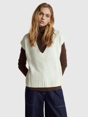 Benetton, V-neck Vest In Wool Blend, Size: XXS, Creamy White, Women United Colors of Benetton
