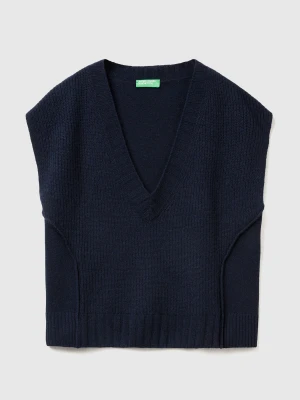 Benetton, V-neck Vest In Wool Blend, Size: XXS, Dark Blue, Women United Colors of Benetton