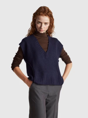 Benetton, V-neck Vest In Wool Blend, Size: XXS, Dark Blue, Women United Colors of Benetton