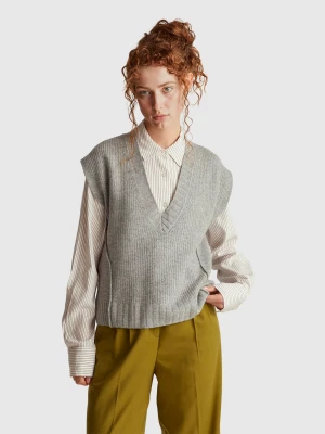 Benetton, V-neck Vest In Wool Blend, Size: L, Gray, Women United Colors of Benetton