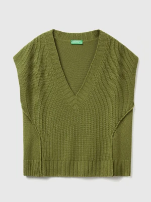 Benetton, V-neck Vest In Wool Blend, Size: XXS, Military Green, Women United Colors of Benetton