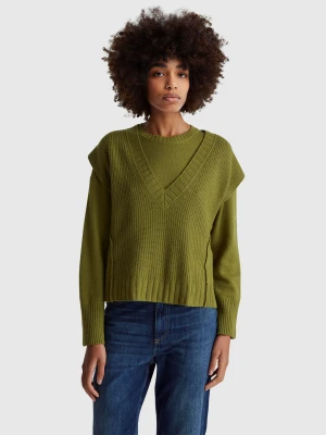 Benetton, V-neck Vest In Wool Blend, Size: XXS, Military Green, Women United Colors of Benetton