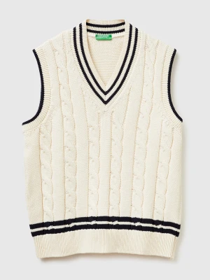 Benetton, V-neck Vest With Braids, Size: XL, Creamy White, Men United Colors of Benetton