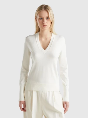 Benetton, V-neck Viscose Blend Sweater, size L, White, Women United Colors of Benetton