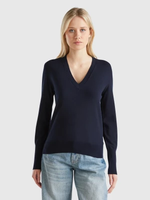 Benetton, V-neck Viscose Blend Sweater, size XS, Dark Blue, Women United Colors of Benetton