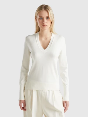 Benetton, V-neck Viscose Blend Sweater, size XS, White, Women United Colors of Benetton