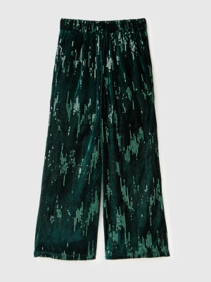 Benetton, Velvet Palazzo Trousers With Sequins, Size: XL, Dark Green, Kids United Colors of Benetton