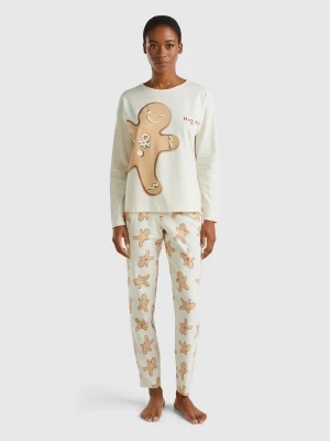 Benetton, Warm Pyjamas With Biscuit Print, size XXS, Creamy White, Women United Colors of Benetton