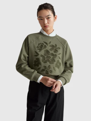 Benetton, Warm Regular Fit Sweatshirt Floral Embroidery, Size: XXS, Military Green, Women United Colors of Benetton