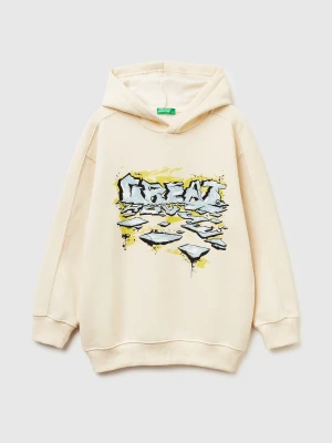 Benetton, Warm Sweatshirt In Cotton With Print, Size: XL, Creamy White, Kids United Colors of Benetton