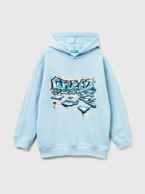 Benetton, Warm Sweatshirt In Cotton With Print, Size: XL, Light Blue, Kids United Colors of Benetton