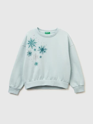 Benetton, Warm Sweatshirt With Print And Rhinestones, Size: XL, Aqua, Kids United Colors of Benetton