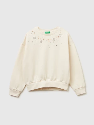 Benetton, Warm Sweatshirt With Print And Rhinestones, Size: XL, Creamy White, Kids United Colors of Benetton