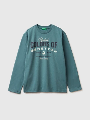 Benetton, Warm T-shirt With Logo Print, Size: M, Turquoise, Kids United Colors of Benetton