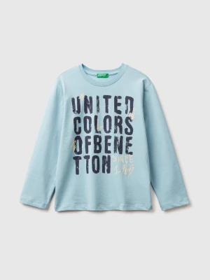 Benetton, Warm T-shirt With Logo Print, Size: XL, Light Blue, Kids United Colors of Benetton