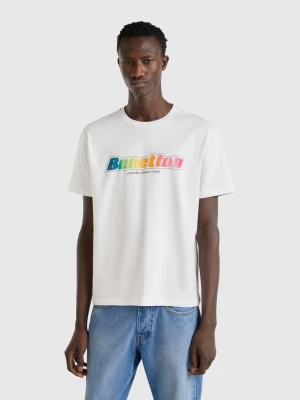 Benetton, White Cotton T-shirt With Multicolor Logo, size XL, White, Men United Colors of Benetton