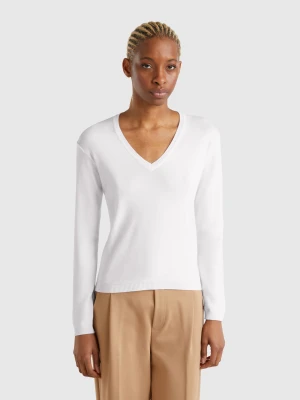 Benetton, White Sweater With V-neck, size XXS, White, Women United Colors of Benetton