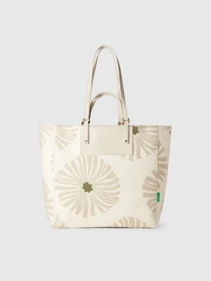Benetton, White Tote Bag With Flower Print, size OS, Creamy White, Women United Colors of Benetton