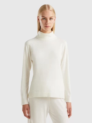 Benetton, White Turtleneck Sweater In Cashmere And Wool Blend, size L, Creamy White, Women United Colors of Benetton
