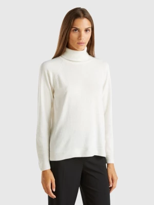 Benetton, White Turtleneck Sweater In Cashmere And Wool Blend, size L, Creamy White, Women United Colors of Benetton